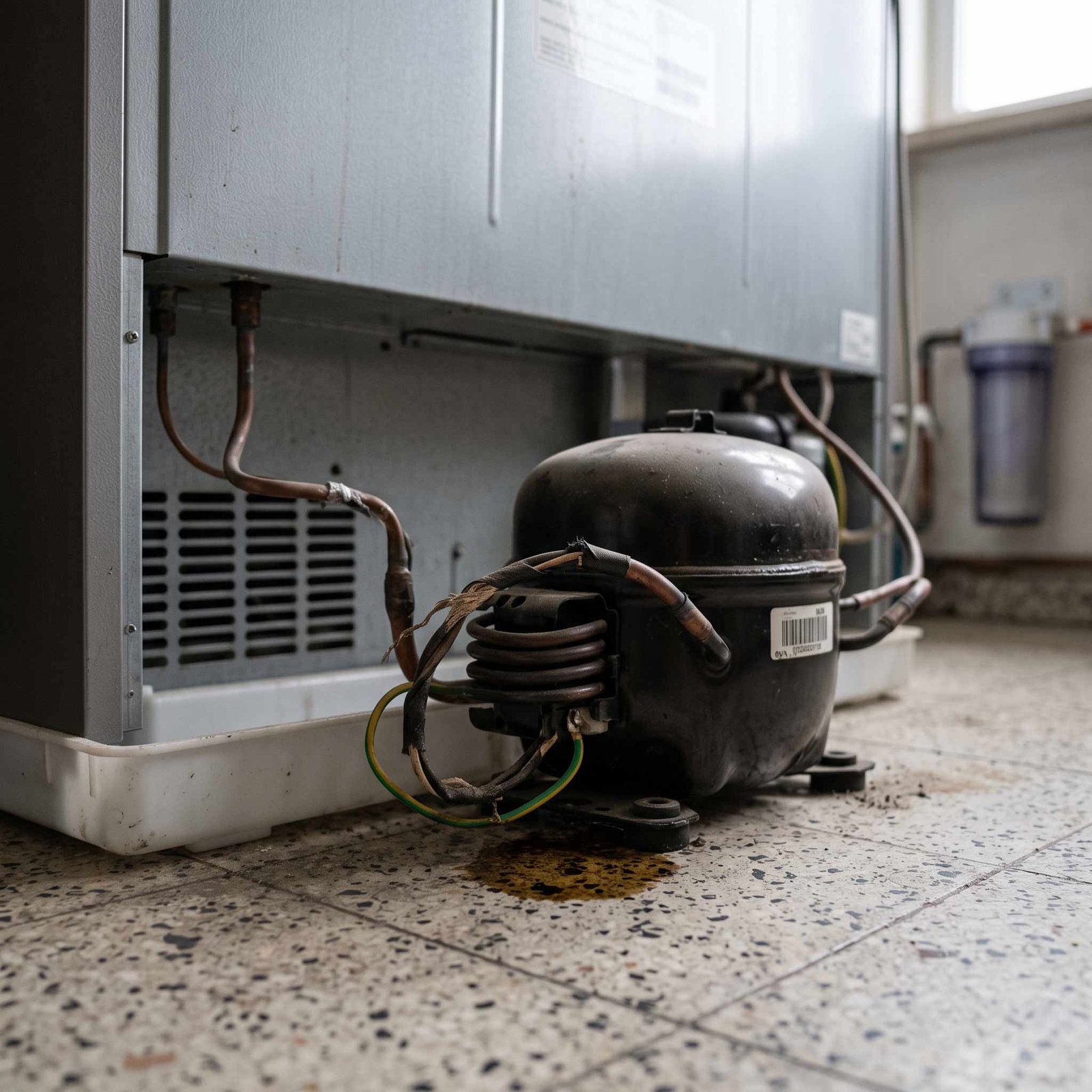 Refrigerator compressor repair in Dubai - technician inspecting a compressor that stopped working